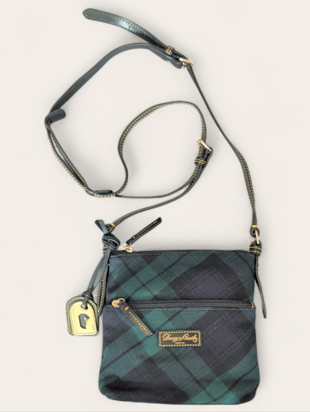Dooney and Bourke Cloth Crossbody Bag Green And Blue Plaid Leather Strap